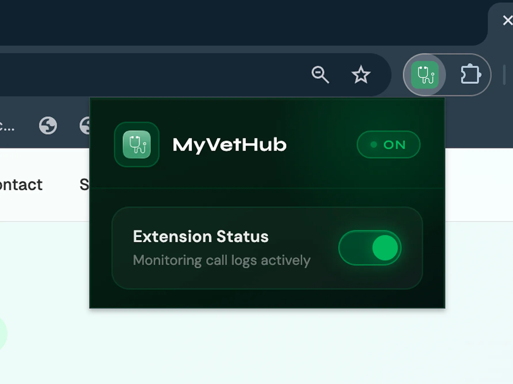 MyVetHub extension popover showing the enable and disable toggle in Chrome